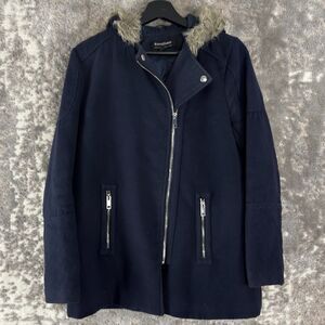 CoffeeShop Womens Sz S Faux Fur Full Zip Jacket‎ Navy Long Sleeve Hooded Outdoor